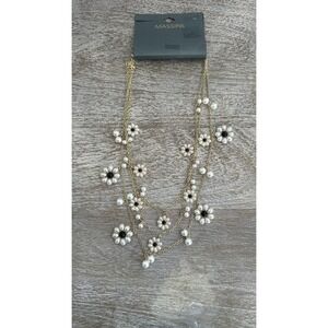 NEW Gold-Tone Mixed Stone Flower Layered Statement Necklace Cottagecore  18"+ 3"